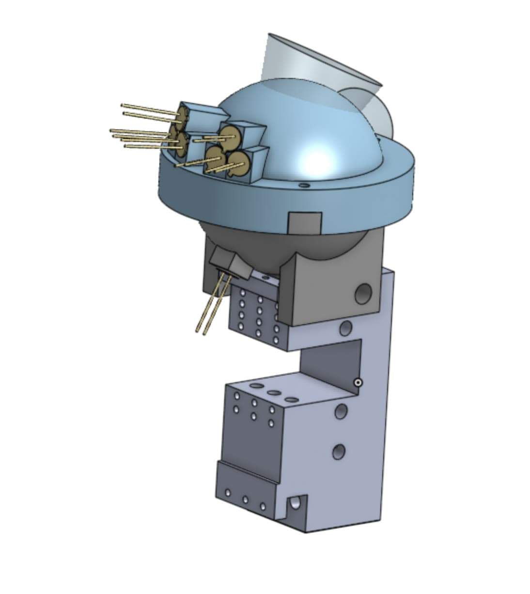 CAD model of the integrating-sphere illumination head with LEDs mounted on a machined block