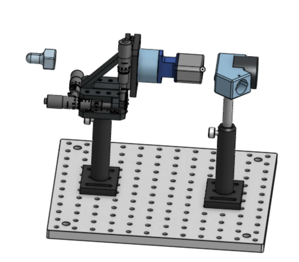 CAD model of the horizontal optical bench layout on a breadboard