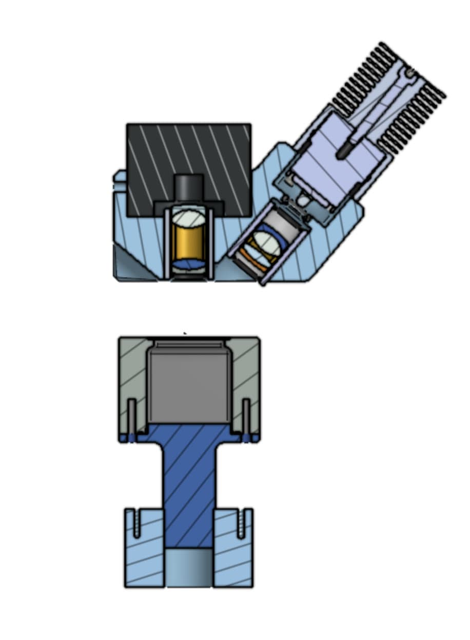 Section view of the soil capsule, optical window and detector housing
