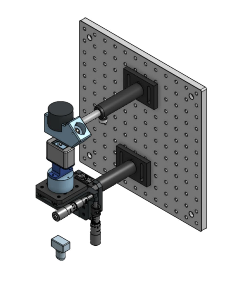 CAD model of the vertical breadboard configuration with stages and lens tubes