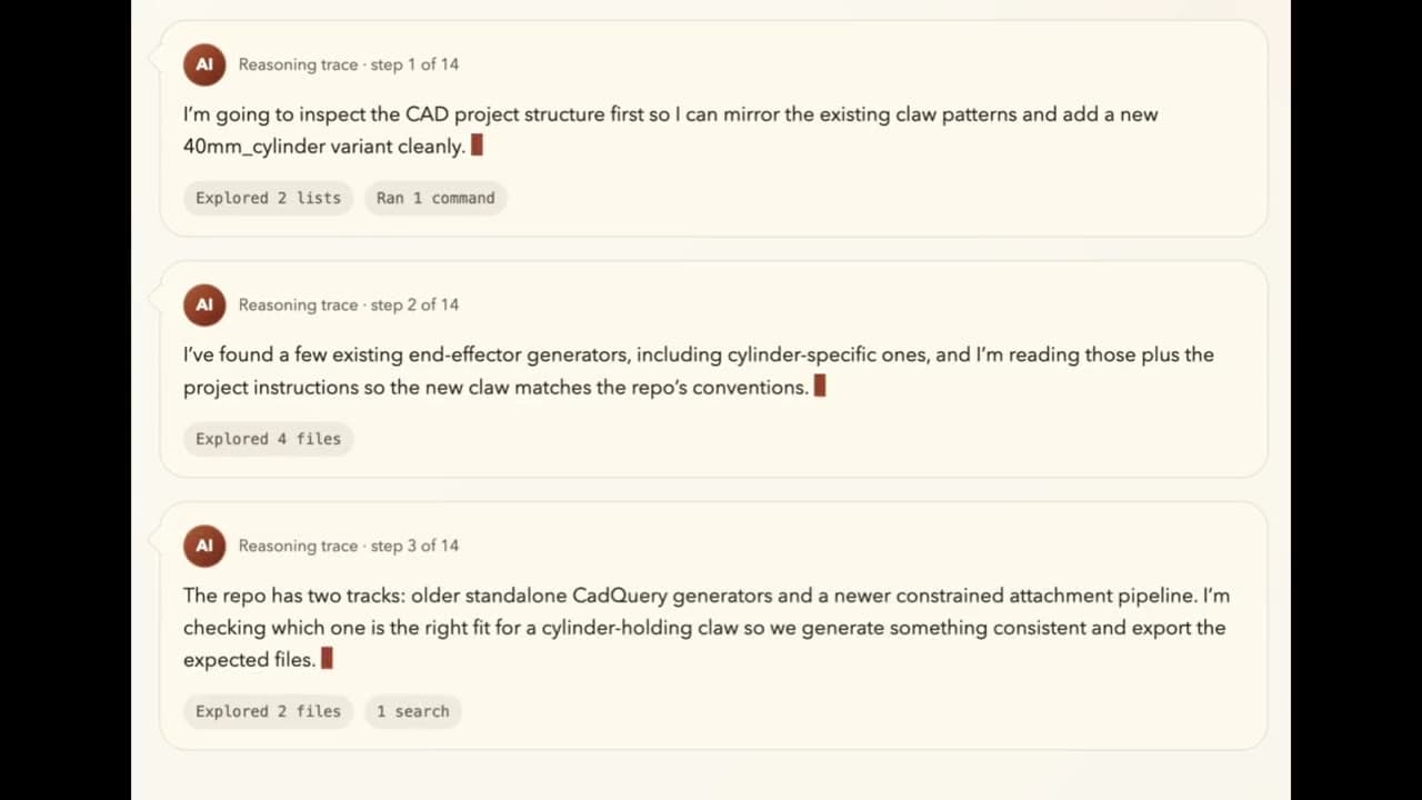 Reasoning trace of the coding agent planning a new claw generator