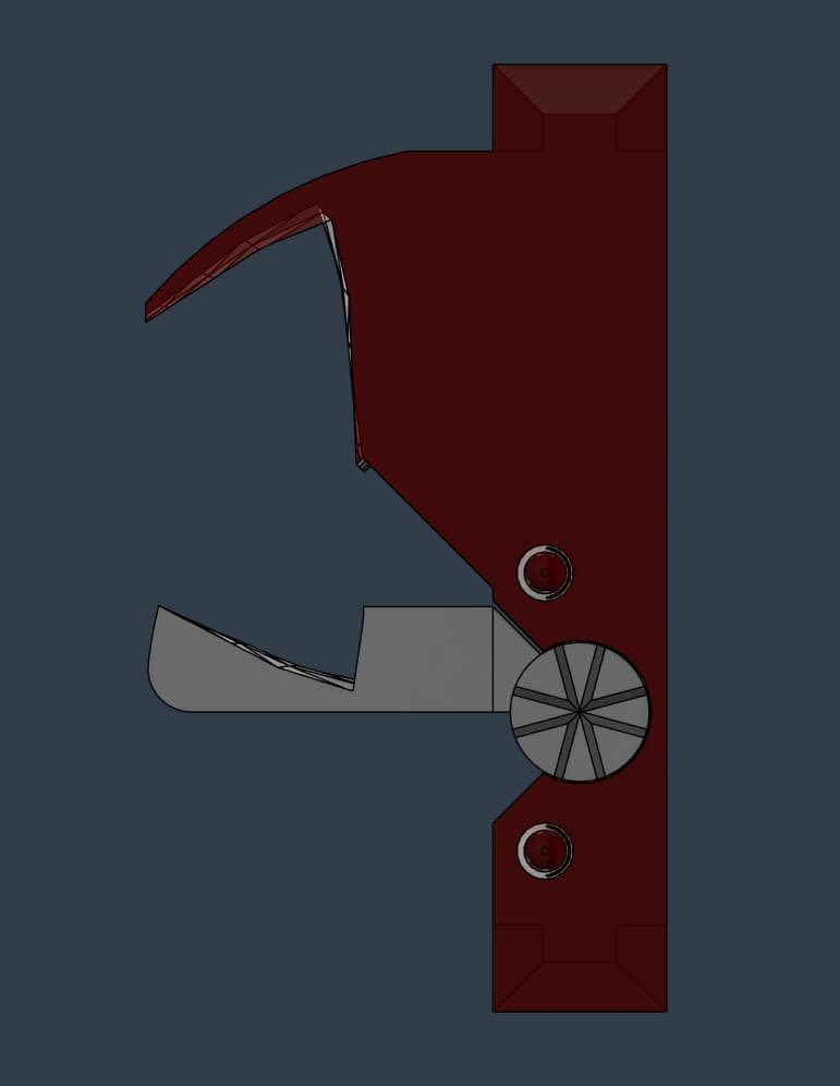 CAD side view of a red mechanism part with a roller