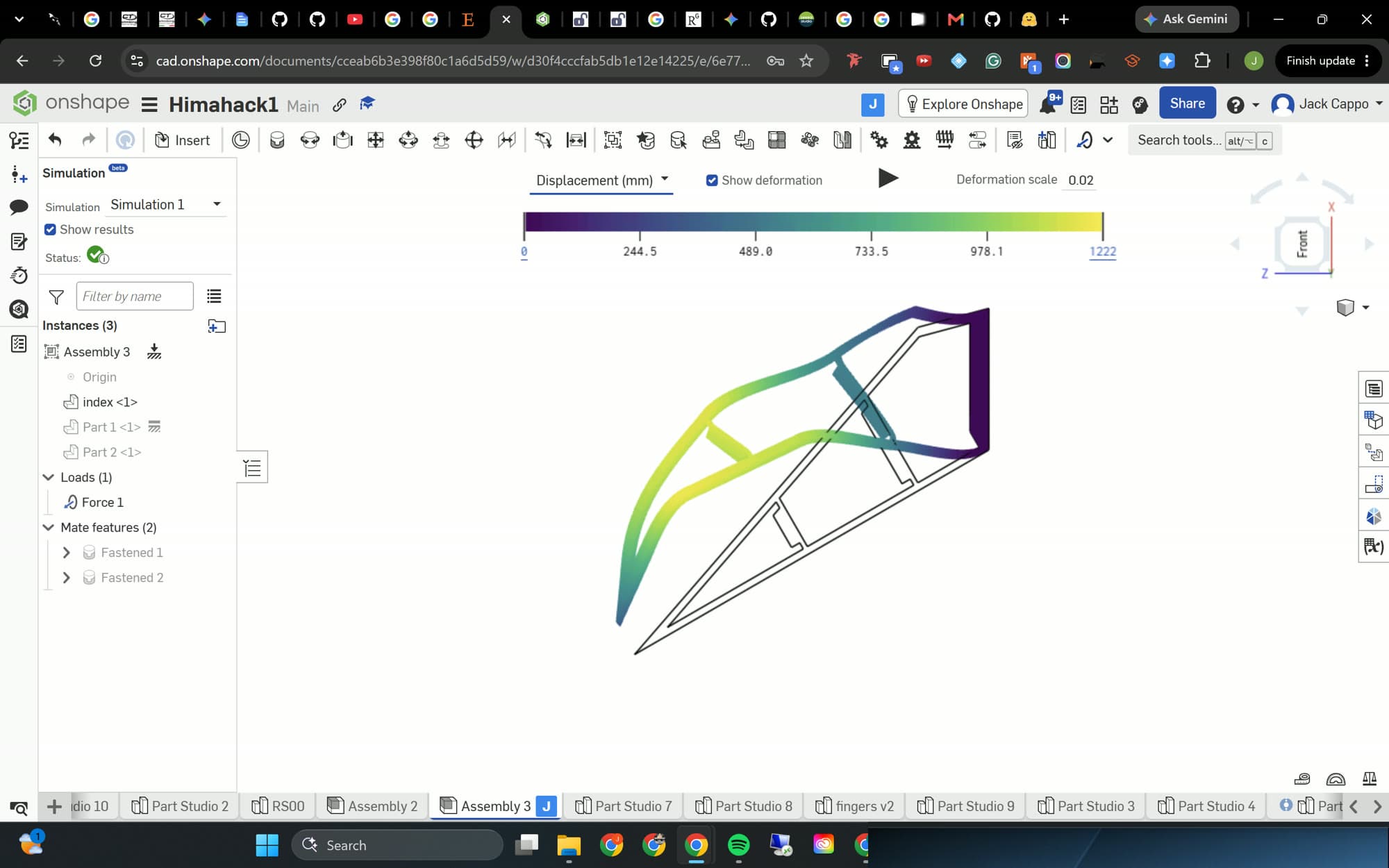 Onshape structural simulation of a finger linkage